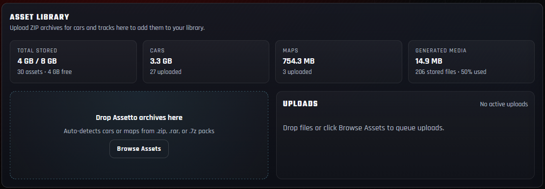 Asset Library showing storage totals, the archive drop zone, and upload queue