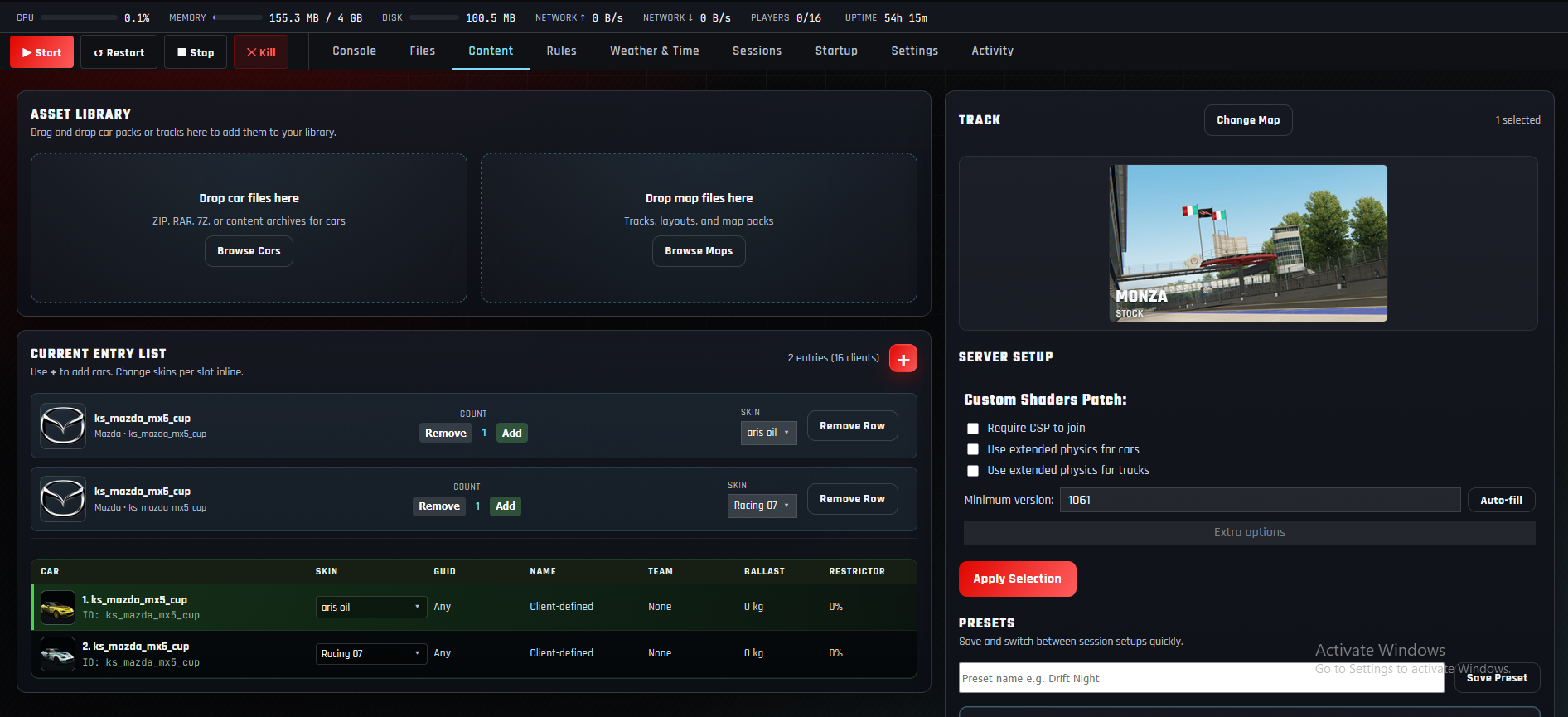 Assetto Servers content panel showing cars, tracks, and server setup
