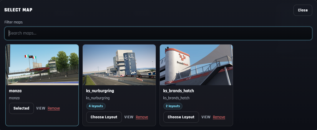 Select Map window showing Monza, Nürburgring, and Brands Hatch with available layouts