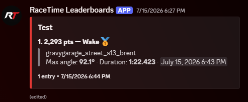 Discord embed showing a drift leaderboard with points, max angle, and duration