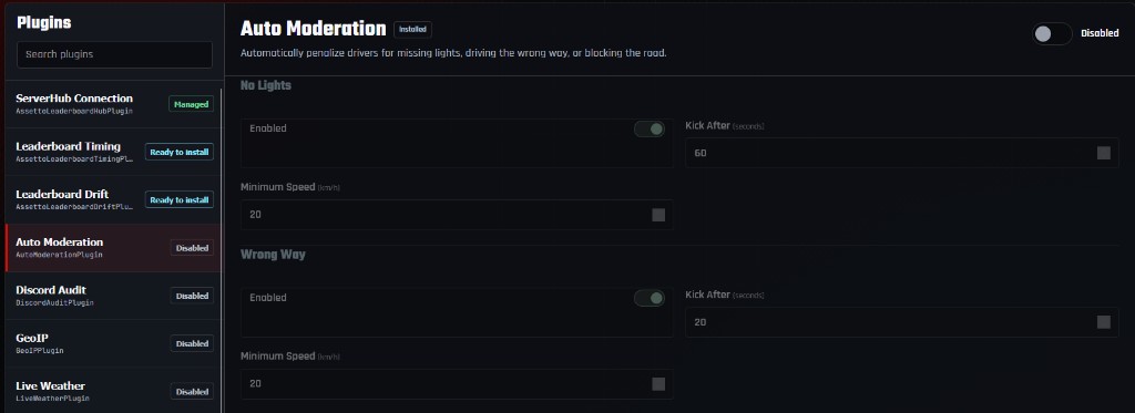 Plugins panel with one-click installs for ServerHub, leaderboard timing, drift, and other Assetto plugins