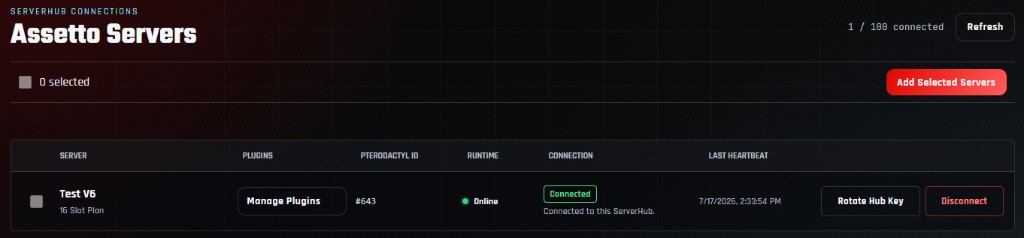 ServerHub Connections panel showing an Assetto server connected with Manage Plugins and online status