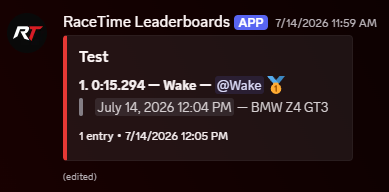 Discord embed showing a track timing leaderboard with lap time and car
