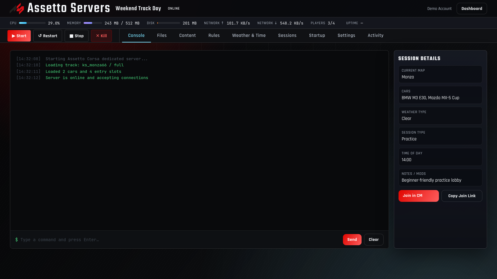 Online Assetto Corsa server console with Session Details and Join in CM controls
