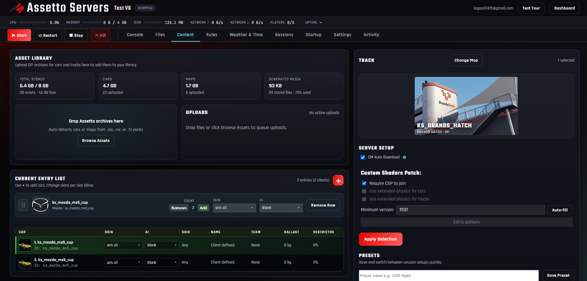 Assetto Servers Content tab showing Asset Library, Current Entry List, Track, and server setup controls