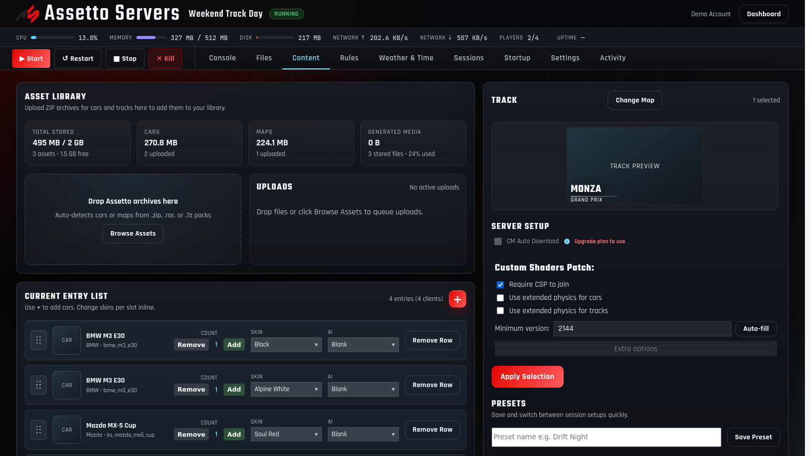 Assetto Servers Content tab with a selected track, two cars, and a four-slot entry list