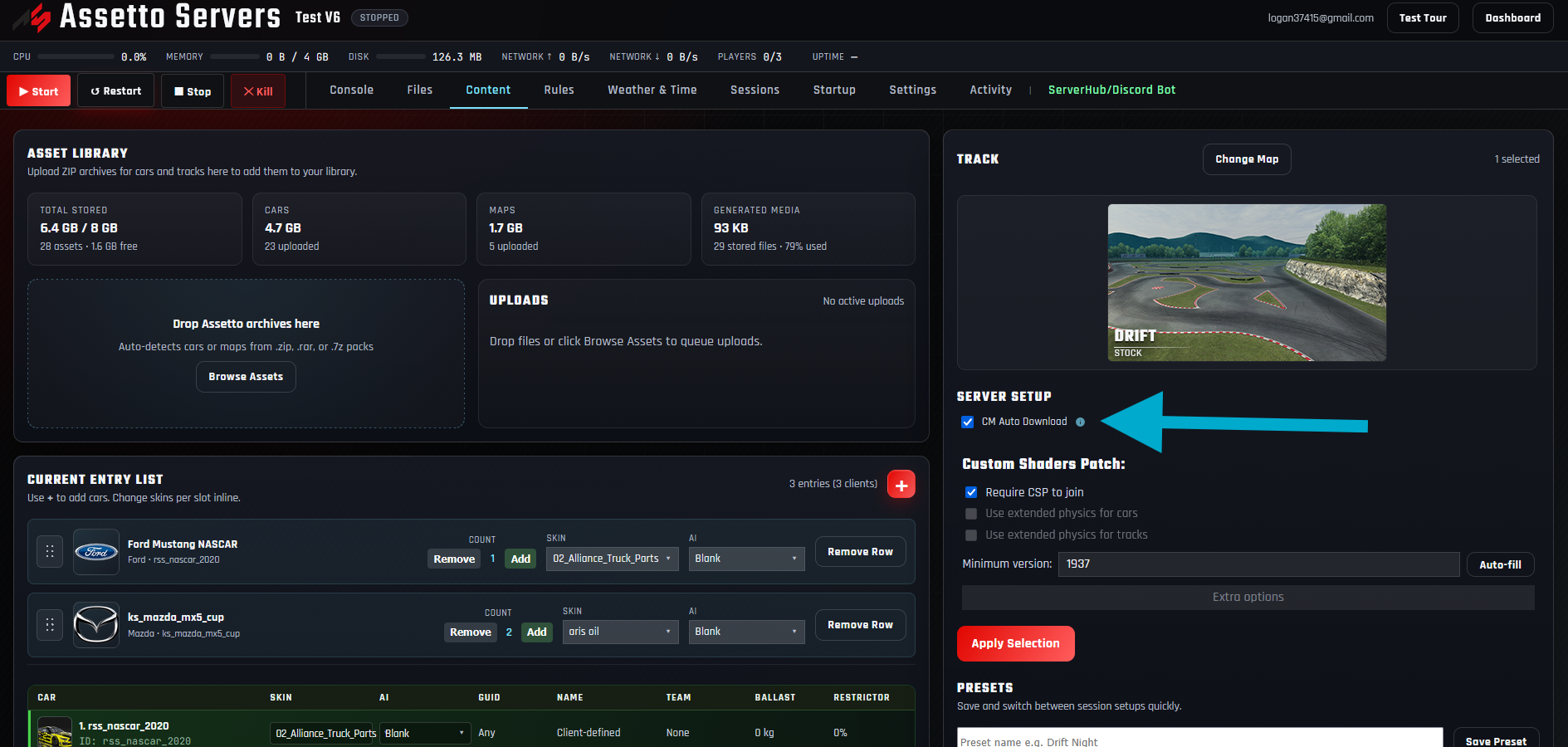 Assetto Servers Content panel highlighting the CM Auto Download option