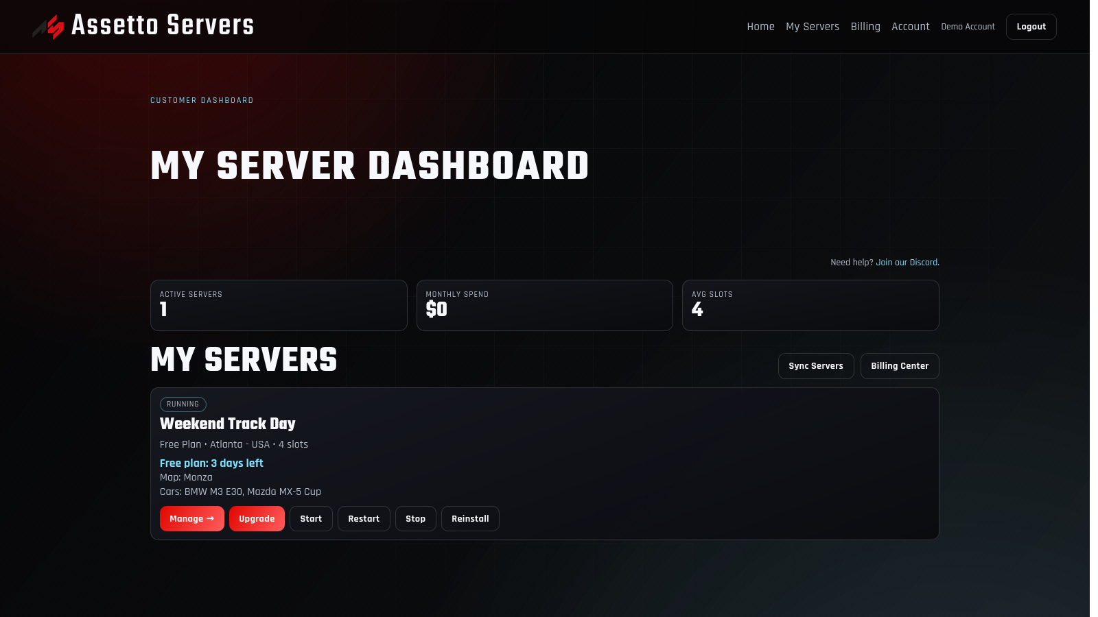Customer dashboard showing a running Free Plan server in Atlanta
