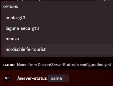 Discord slash command autocomplete showing several Assetto Corsa server names under the server-status command
