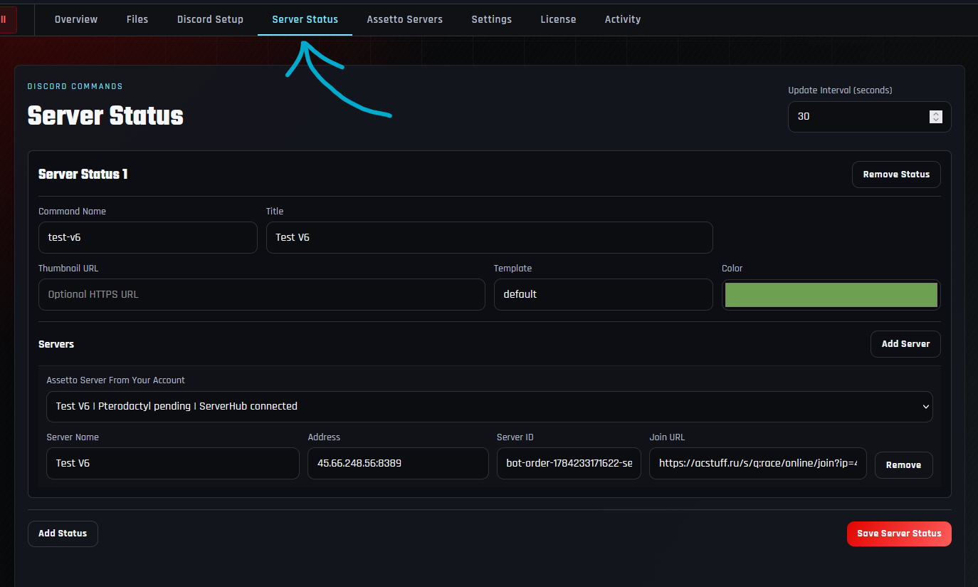 Assetto Servers Server Status tab showing a Discord command, embed appearance, connected game server, address, Server ID, and Join URL
