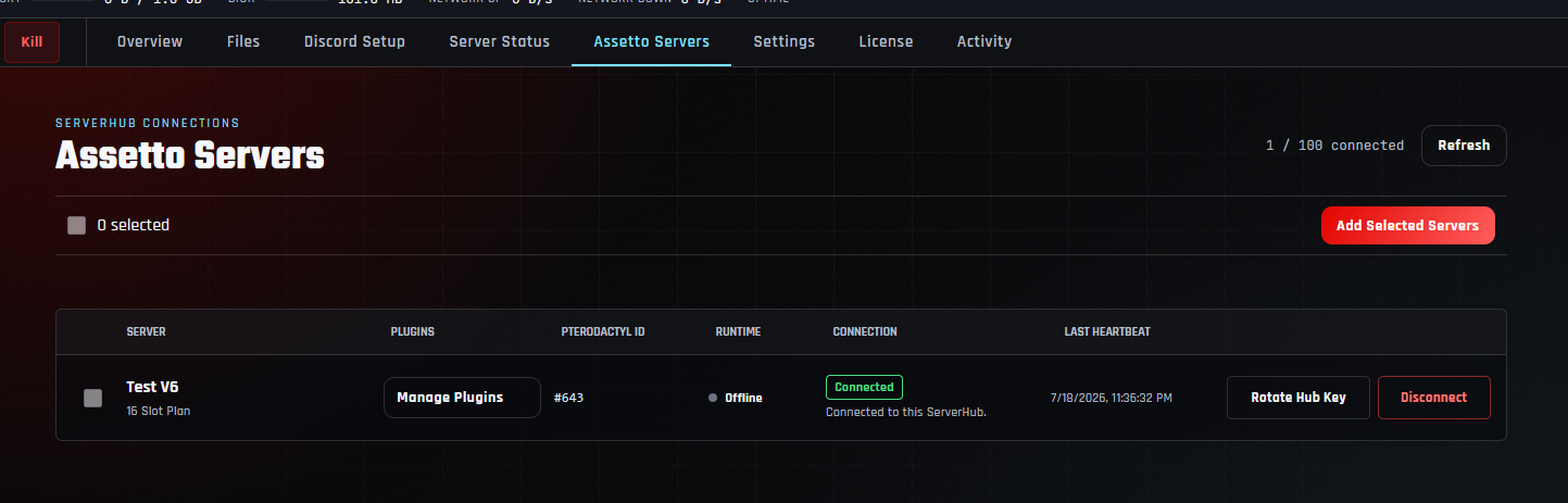 Assetto Servers tab showing a connected Assetto Corsa server with a Manage Plugins button