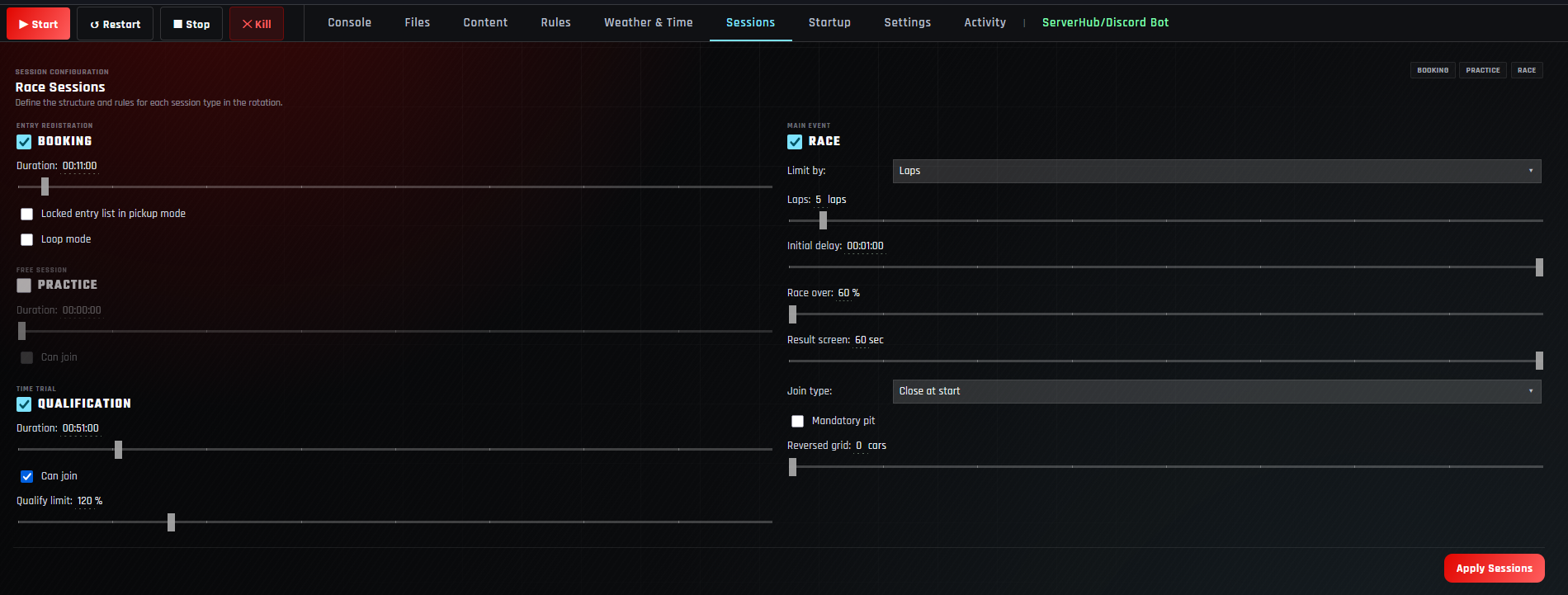 Assetto Servers practice, qualification, and race session controls