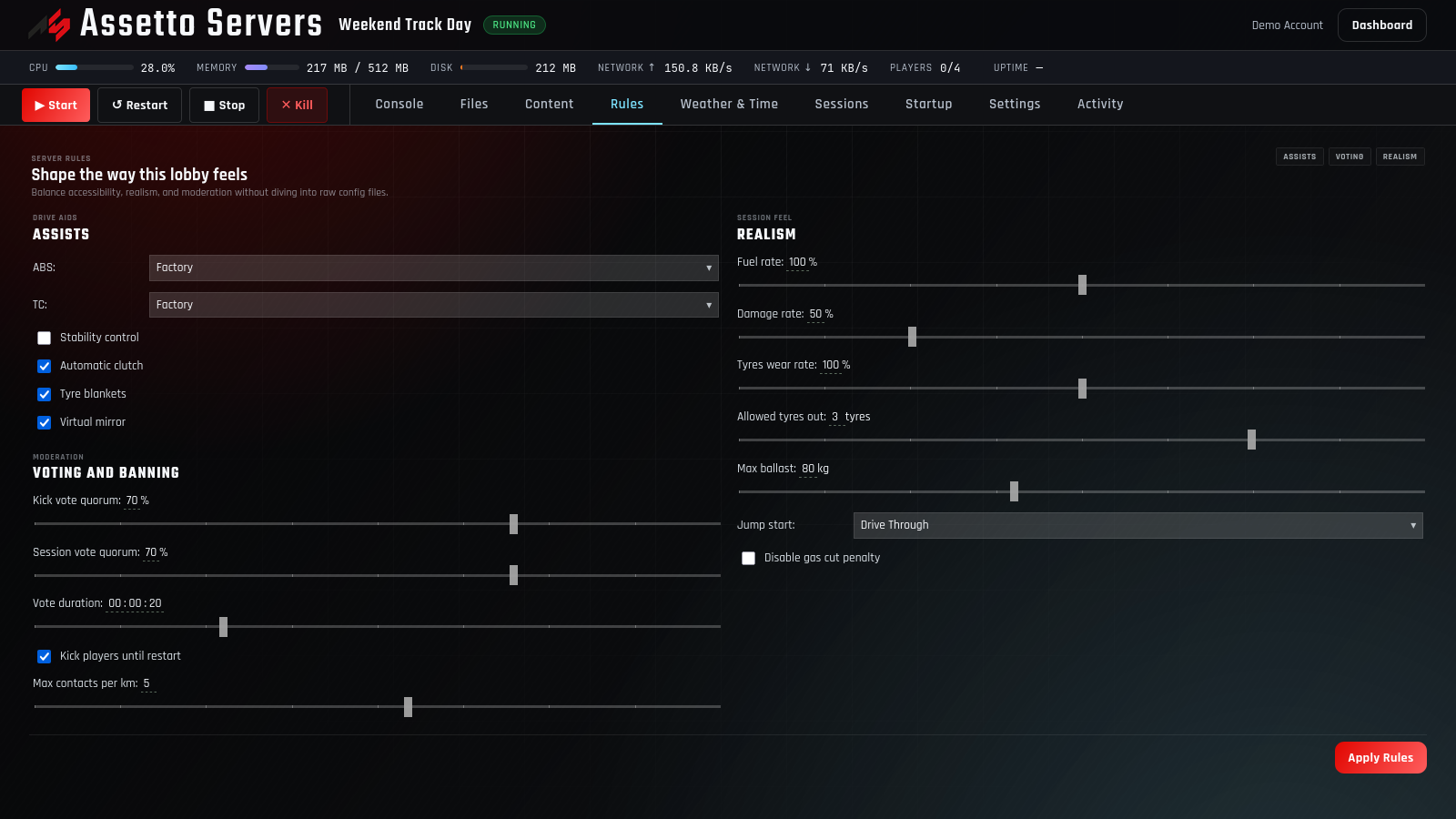 Rules tab with assists, voting, damage, tyre wear, and penalties