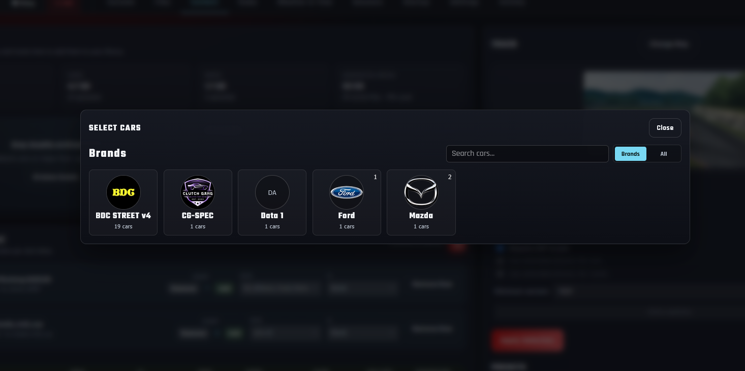 Select Cars window showing uploaded manufacturers and car packs including Mazda