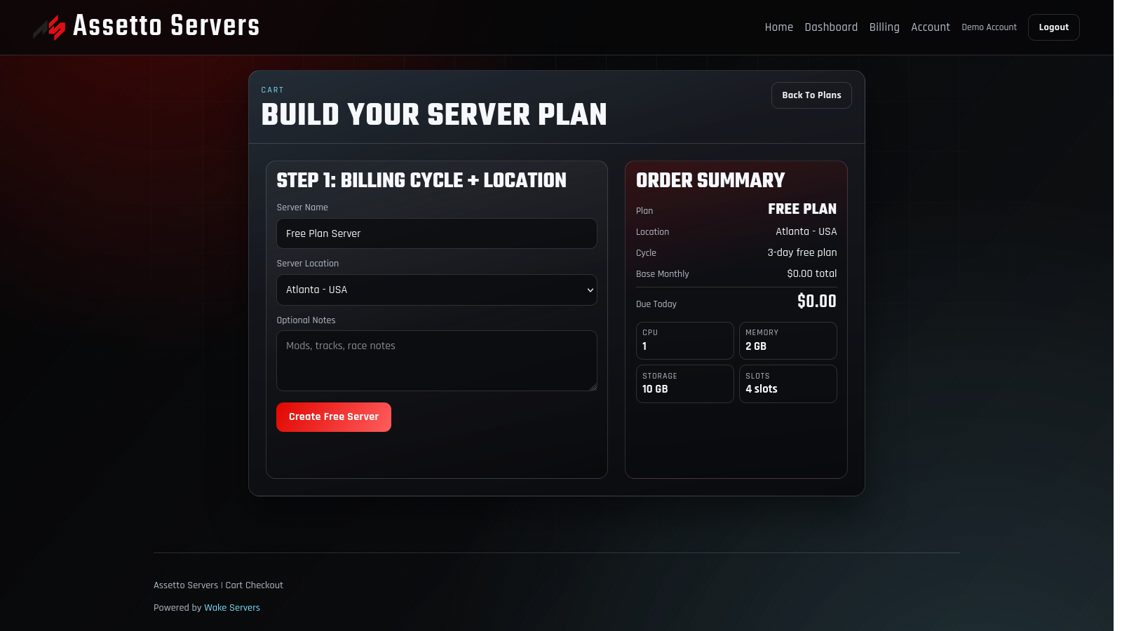Assetto Servers cart with the Free Plan and Atlanta server location selected
