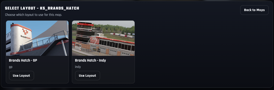 Select Layout window showing Brands Hatch GP and Indy configurations