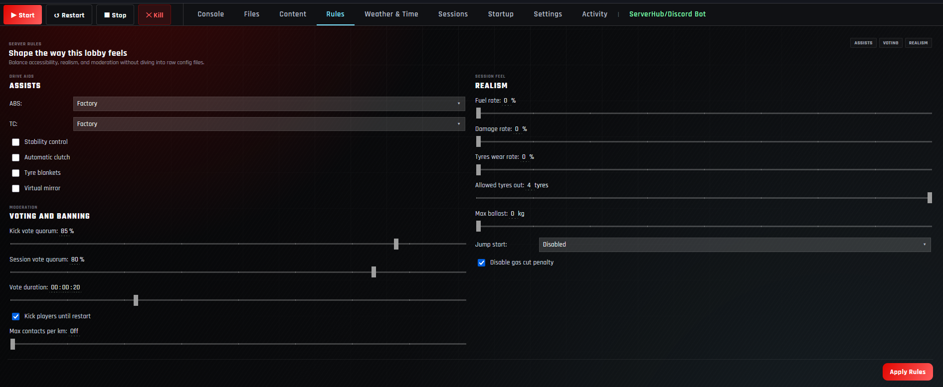 Assetto Servers assists, voting, and realism controls