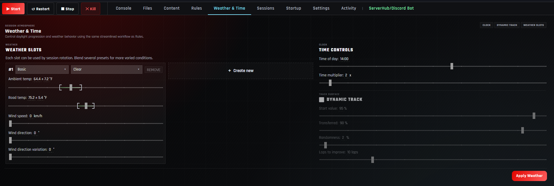 Assetto Servers weather slots, time, and dynamic track controls