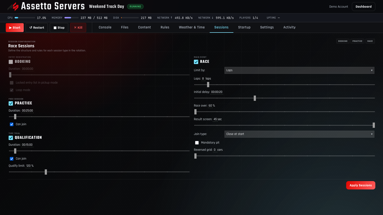 Sessions tab with practice, qualifying, and race settings