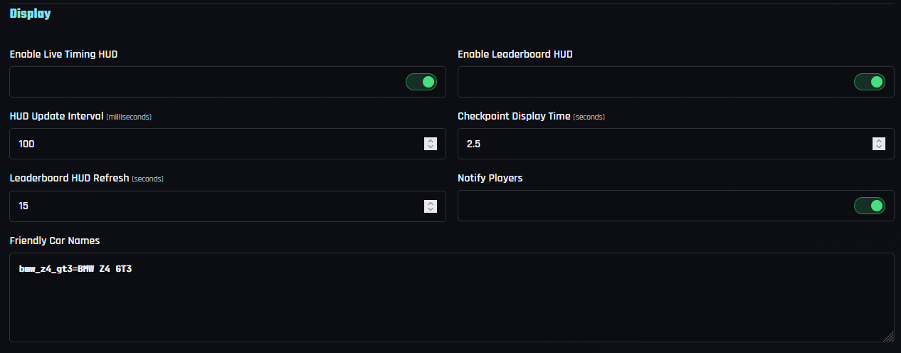 Leaderboard Timing display settings with live Timing HUD, Leaderboard HUD, refresh intervals, notifications, and friendly car names