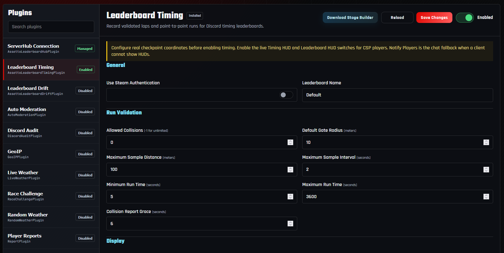 Leaderboard Timing plugin settings showing its leaderboard name, collision limit, gate radius, sampling limits, and run-time limits