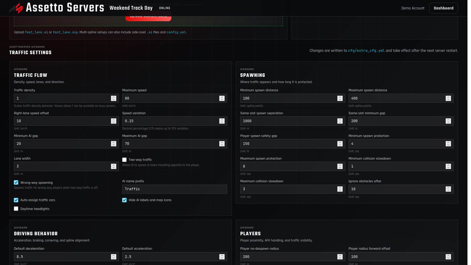 Assetto Servers Traffic settings showing traffic flow, spawning, driving behavior, and player controls
