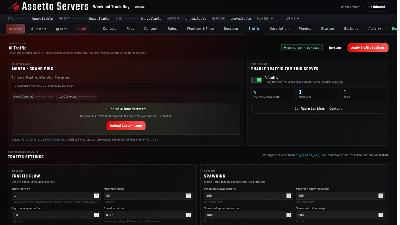 Assetto Servers Traffic tab with a detected AI spline and traffic slot summary