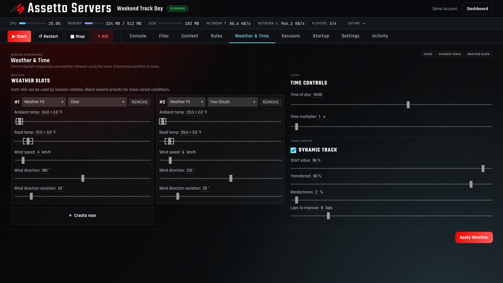 Weather and Time tab with two weather slots and dynamic track controls