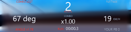 In-game drift HUD showing points, combo multiplier, angle, speed, run time, and personal best