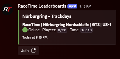 Discord bot message showing an Assetto Corsa server online, player count, session time, and Join button