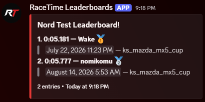 Discord timing leaderboard message with ranked drivers, lap times, and car names