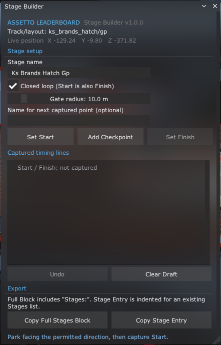 Stage Builder window showing stage setup, closed-loop option, gate radius, start and checkpoint capture controls, timing lines, and YAML export buttons